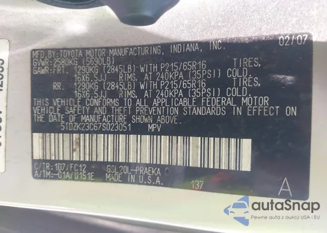 2007 Toyota Sienna Le из США, поврежденный, VIN 5TDZK23C67S023051